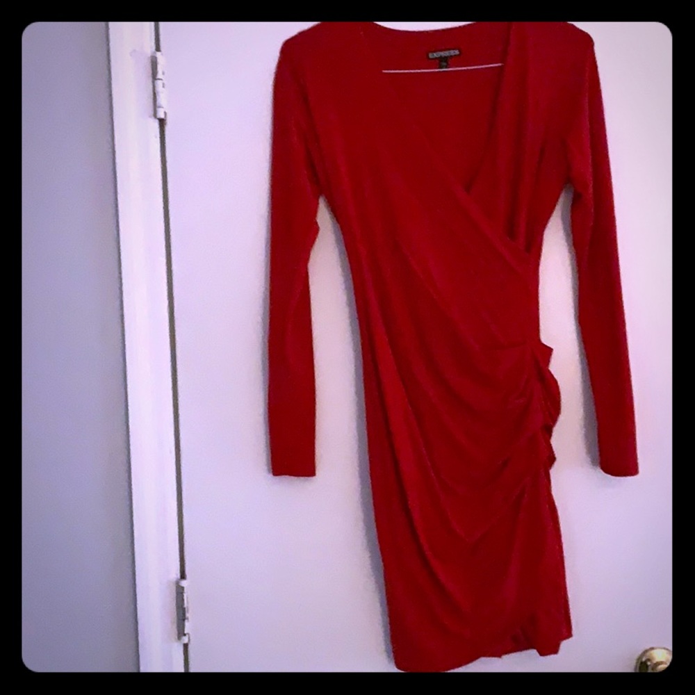 Express Red Ruched Midi Long Sleeve